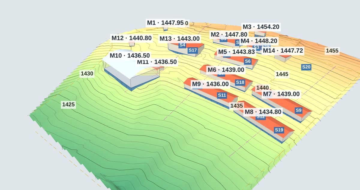 Modelo 3D del terreno y los módulos de la I.E. Las Mercedes